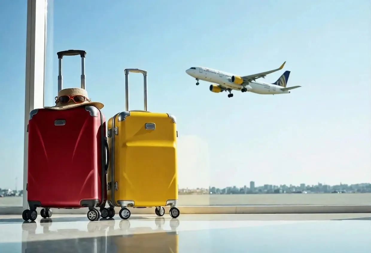 Deux valises de voyage dans un aéroport de Paris avec un avion pour Vapexpo Paris