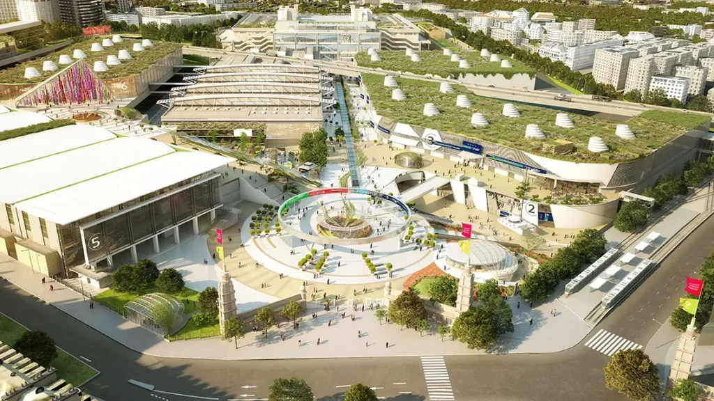 Vue aérienne du Parc des Expositions Porte de Versailles accueillant le salon Vapexpo à Paris