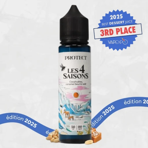 Flacon d'e-liquide Cacahuète Caramel Les 4 Saisons par Protect, récompensé 3ème place catégorie gourmand aux Vapexpo Awards 2025