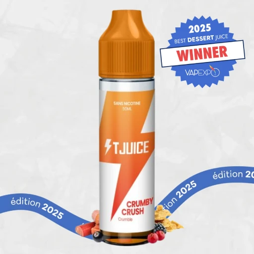 Flacon d'e-liquide Crumby Crush par TJuice LVP, vainqueur 1ère place catégorie gourmand aux Vapexpo Awards 2025