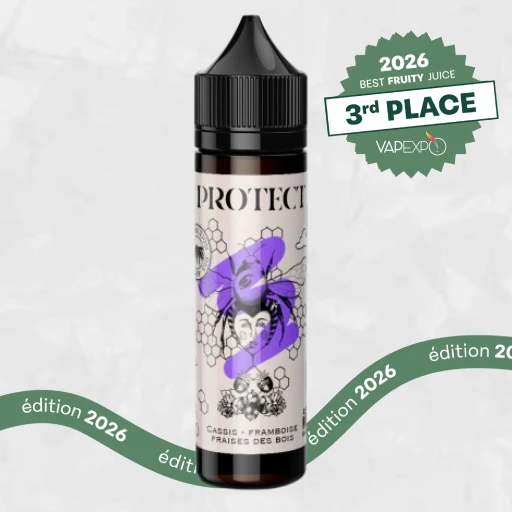 Cassis Framboise Fraise e-liquid bottle by Protect, 3rd place winner best fruity e-liquid at Vapexpo Awards 2026