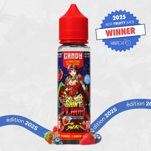 Flacon d'e-liquide Saint Flava Candy par Swoke, vainqueur 1ère place catégorie fruité aux Vapexpo Awards 2025